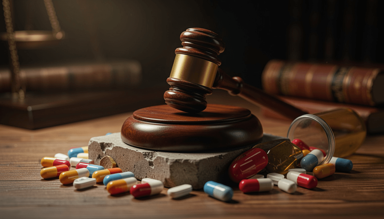 Gavel surrounded by scattered pills