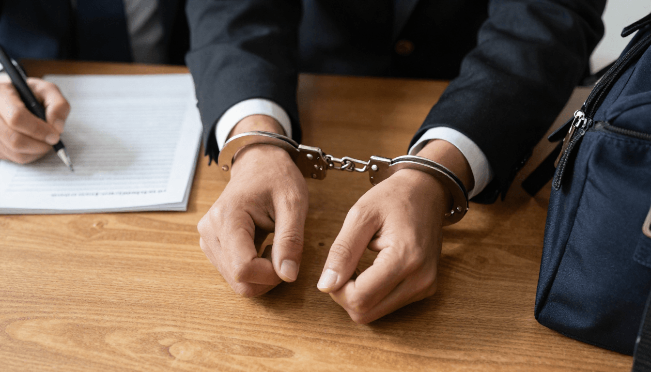 Suited person handcuffed during interrogation