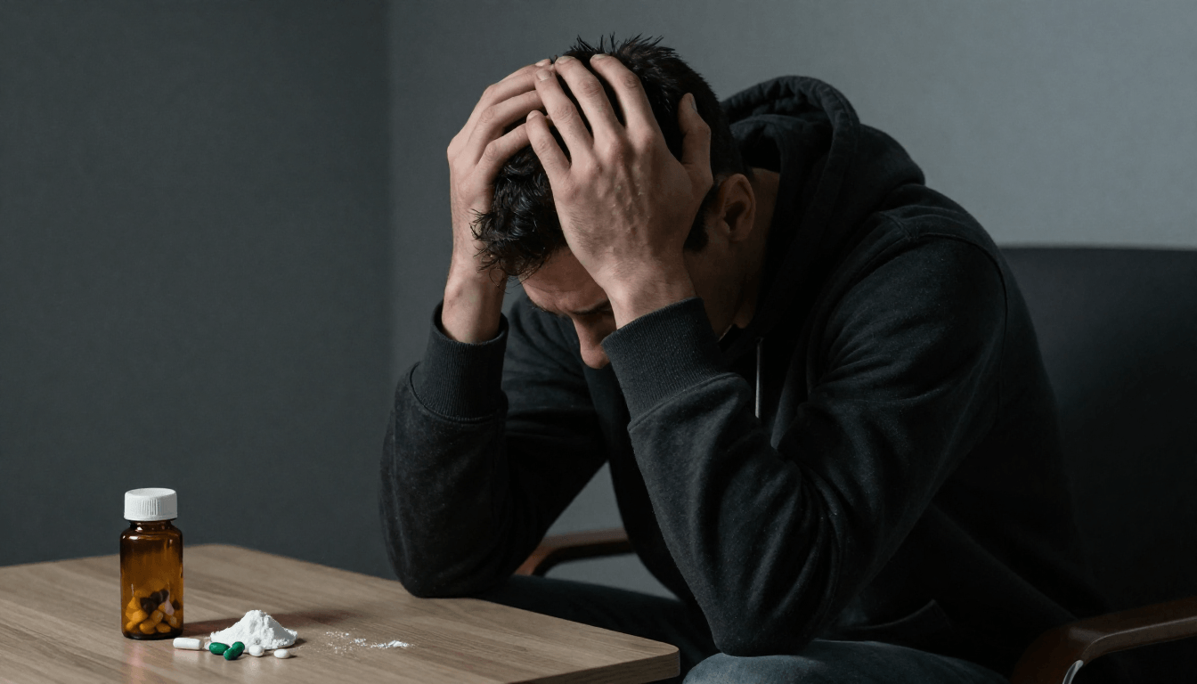 Distressed man beside pills, powder