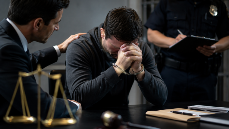 Criminal defense lawyer speaking with a handcuffed client during police questioning