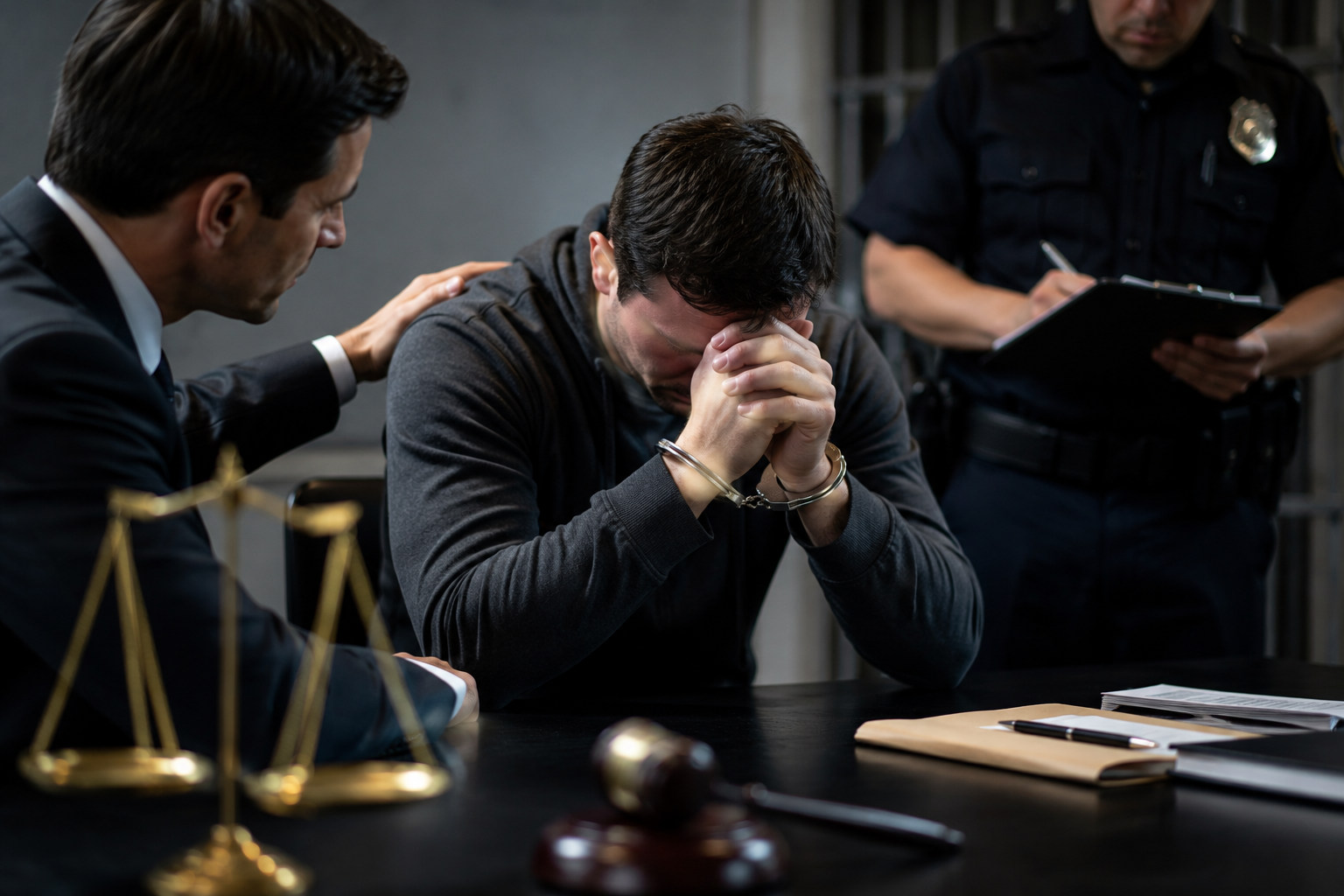 Criminal defense lawyer speaking with a handcuffed client during police questioning