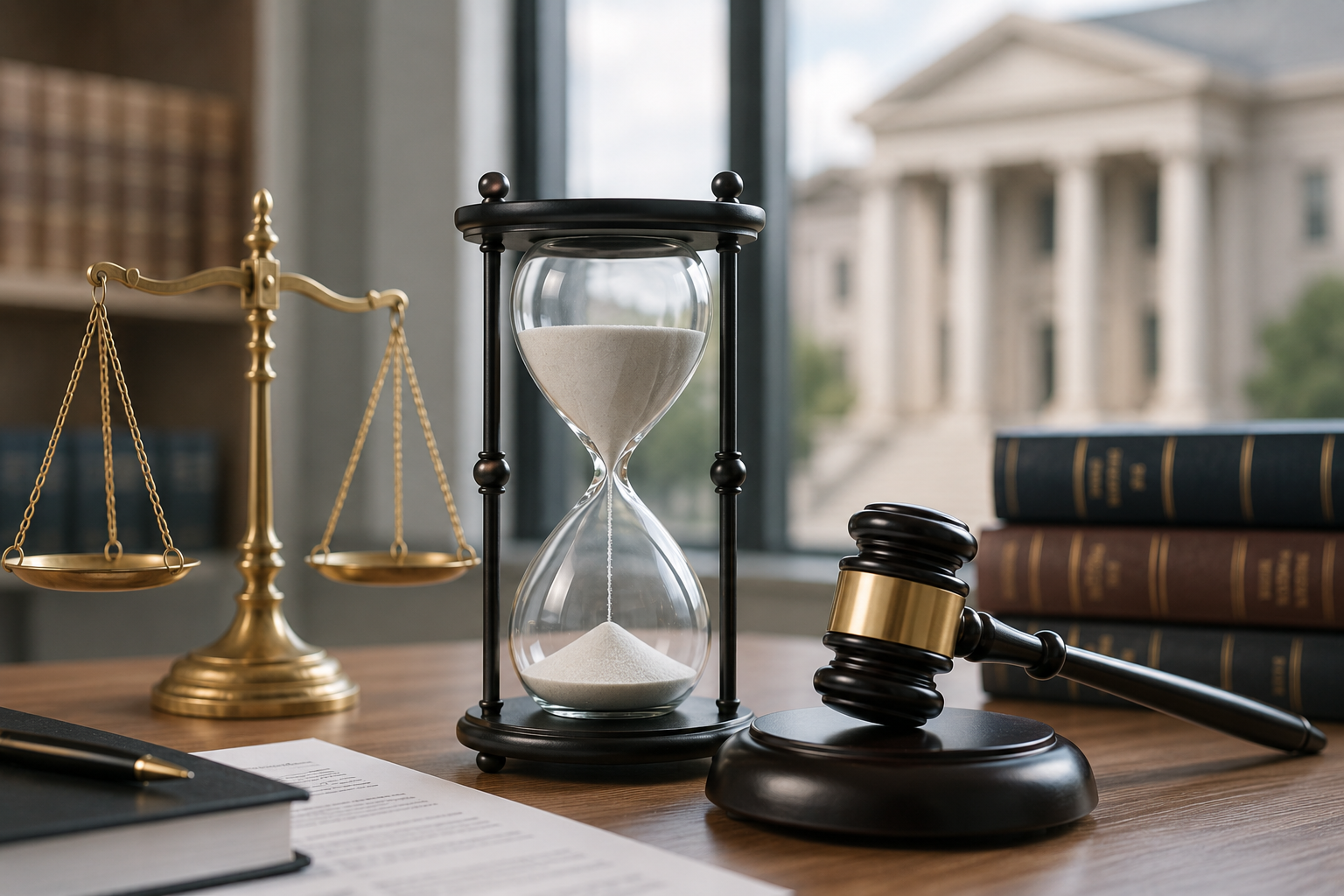 Legal desk with gavel, scales, books, and courthouse background