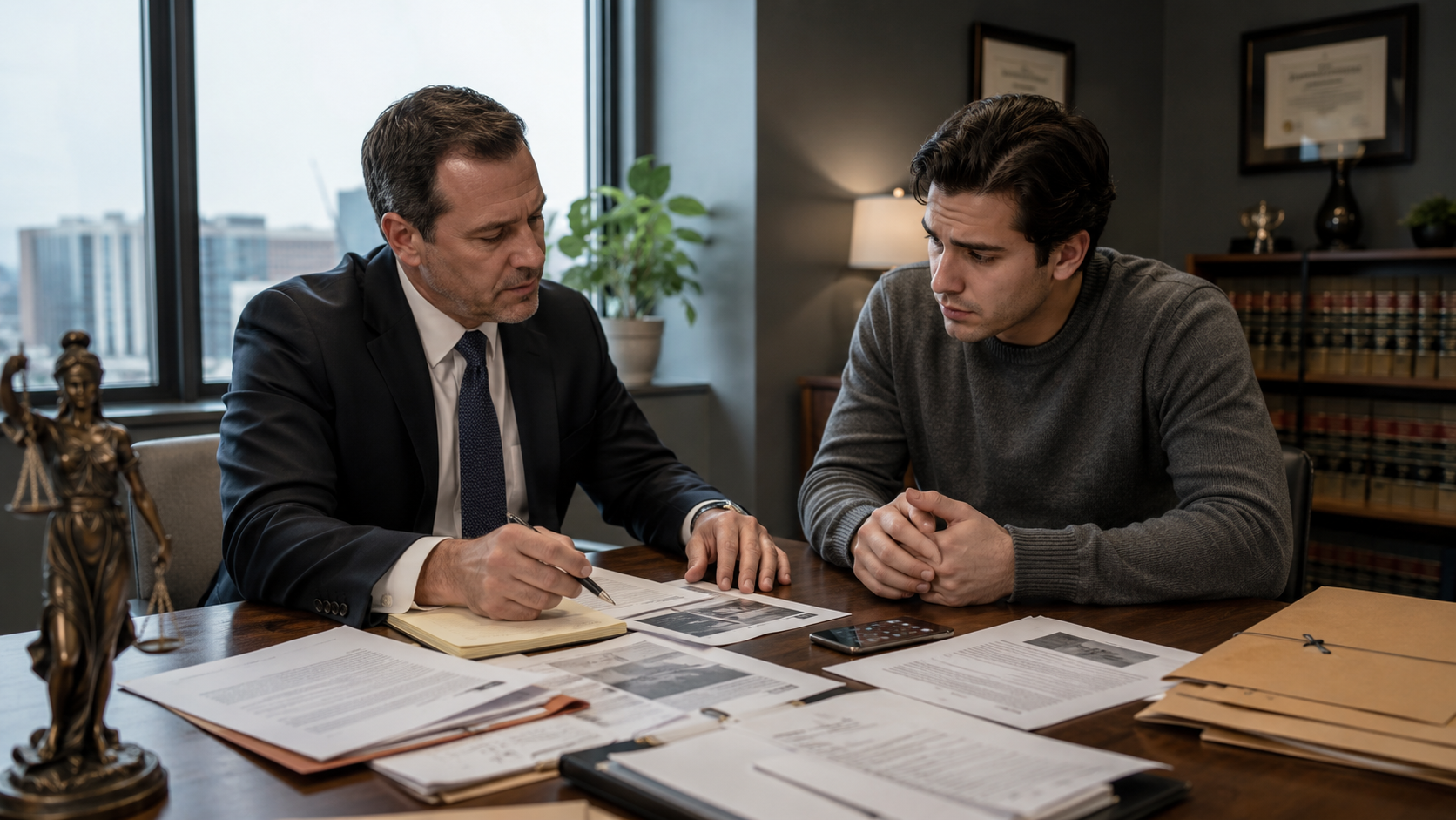 Defense lawyer reviewing financial records with a client under investigation for fraud